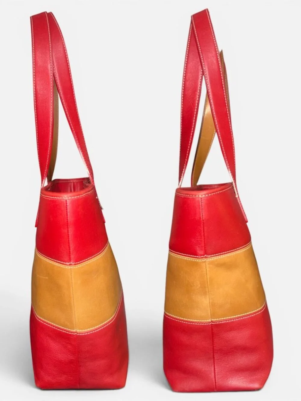 VTG Coach Legacy Rugby Stripe Colorblock Tote 9348 Red Tan Leather 90s + Hangtag - Picture 5 of 8